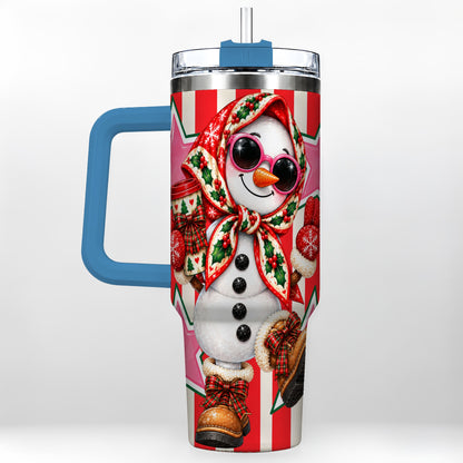 #pl[40oz|Blue] Cute Snowman 40oz Tumbler with Handle, Retro Christmas Design