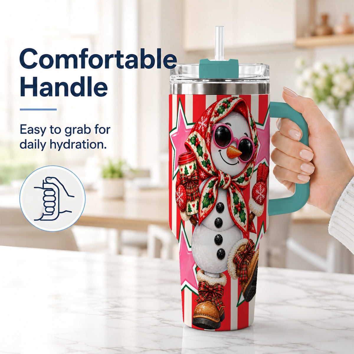 #pl[40oz|Green] Cute Snowman 40oz Tumbler with Handle, Retro Christmas Design