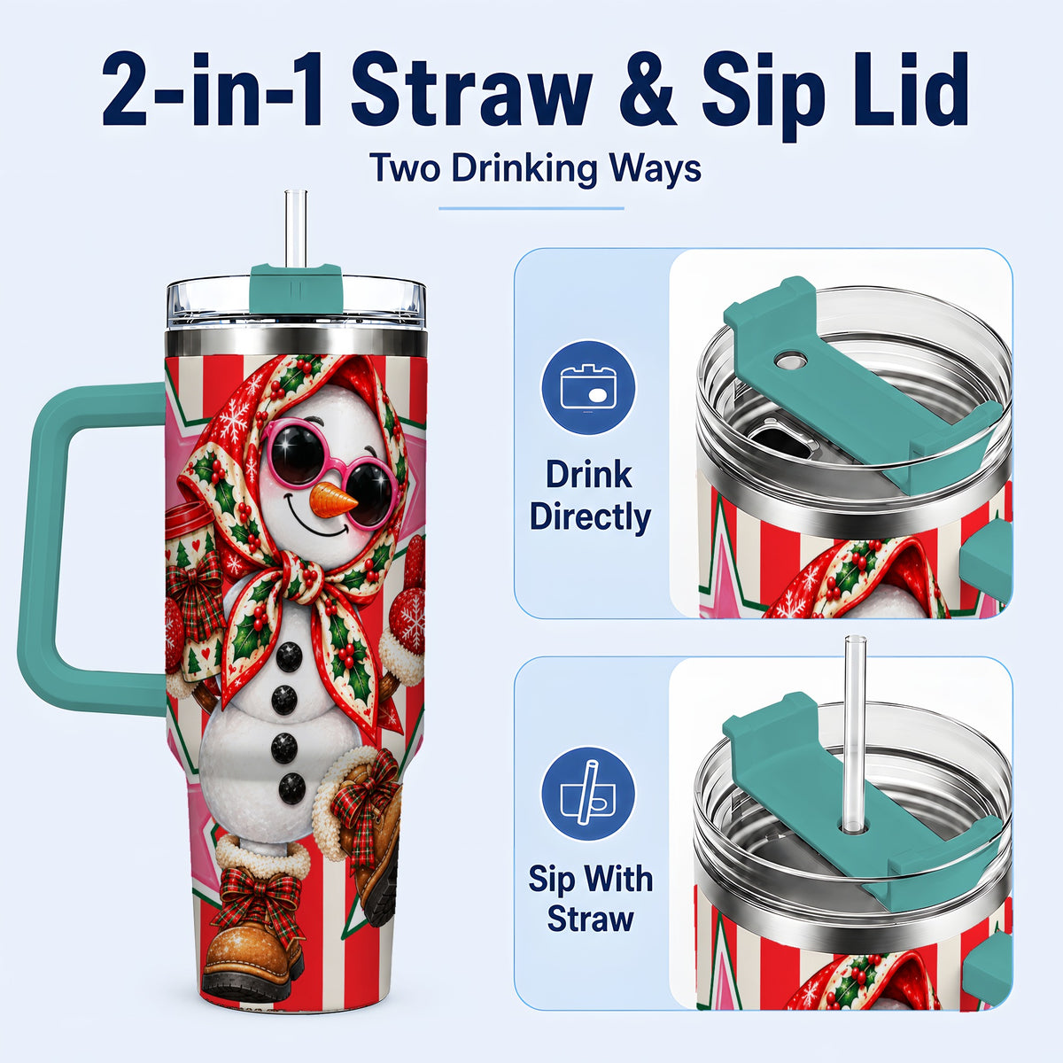 #pl[40oz|Green] Cute Snowman 40oz Tumbler with Handle, Retro Christmas Design