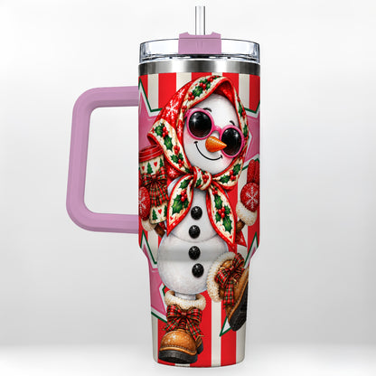 #pl[40oz|Pink] Cute Snowman 40oz Tumbler with Handle, Retro Christmas Design