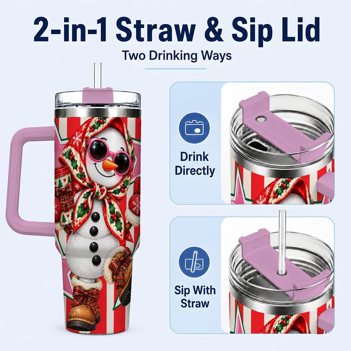 #pl[40oz|Pink] Cute Snowman 40oz Tumbler with Handle, Retro Christmas Design