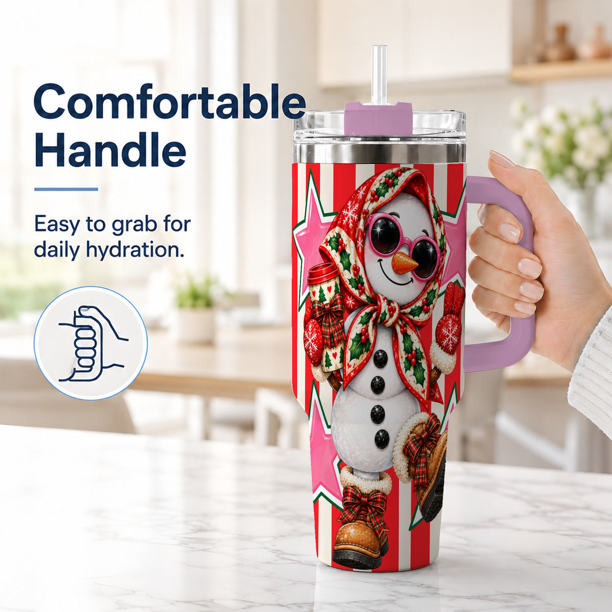 #pl[40oz|Pink] Cute Snowman 40oz Tumbler with Handle, Retro Christmas Design