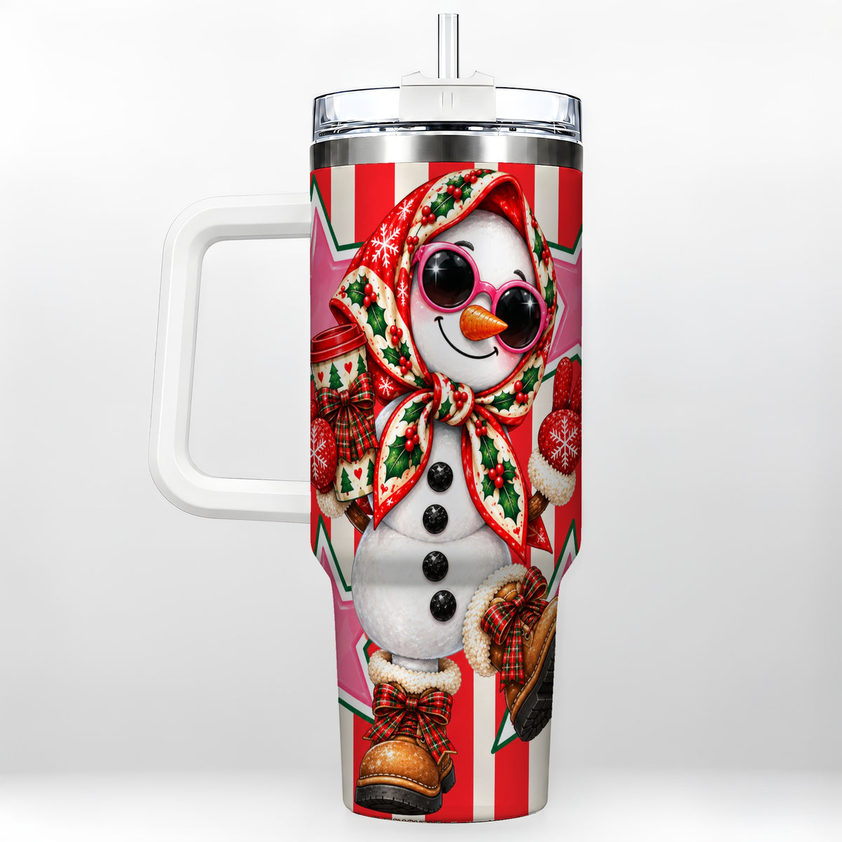 Cute Snowman 40oz Tumbler with Handle, Retro Christmas Design