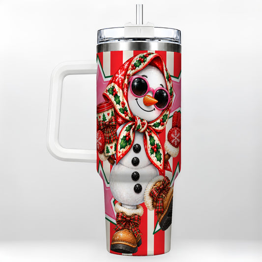 Cute Snowman 40oz Tumbler with Handle, Retro Christmas Design