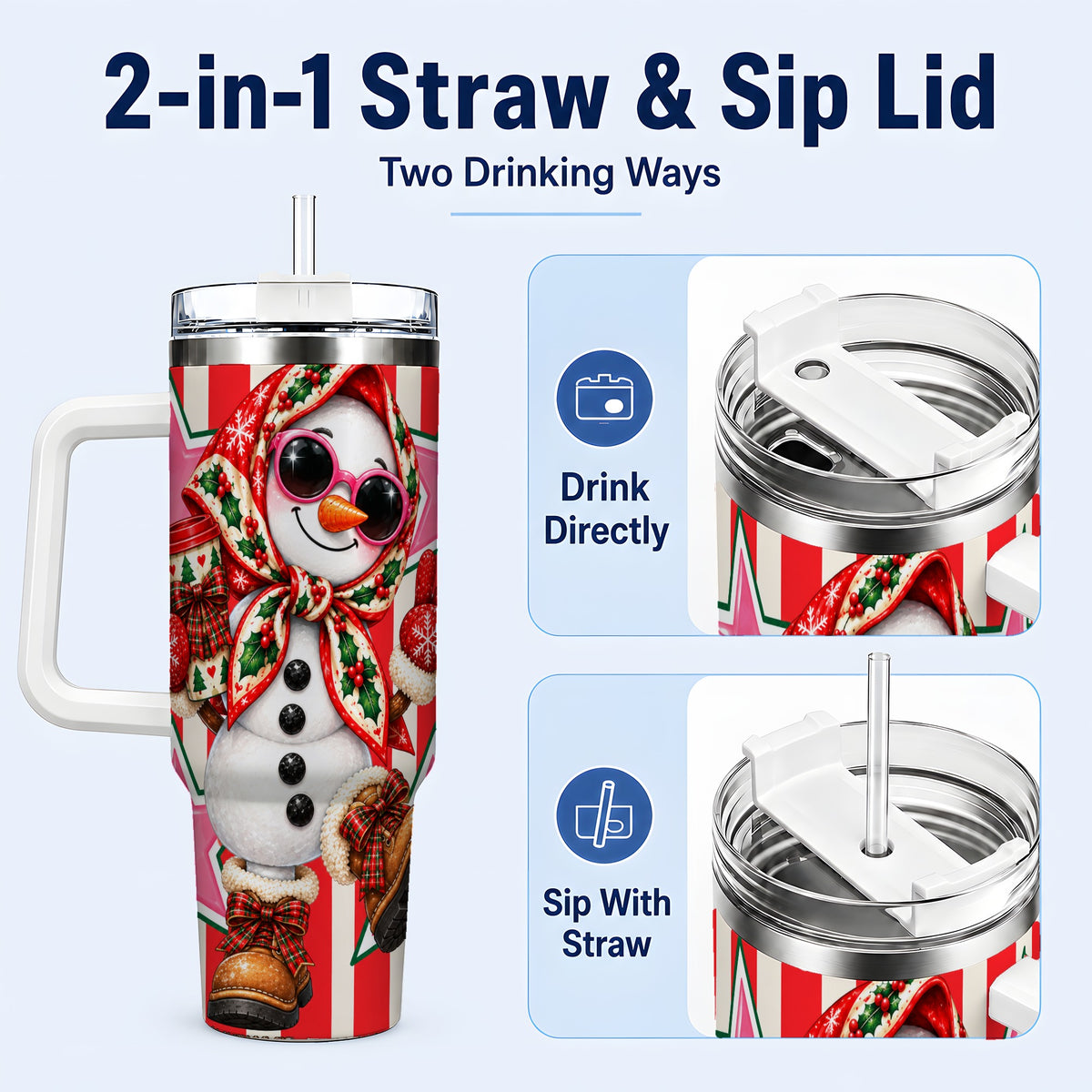 #pl[40oz|White] Cute Snowman 40oz Tumbler with Handle, Retro Christmas Design
