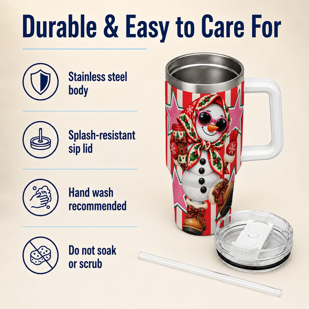 Cute Snowman 40oz Tumbler with Handle, Retro Christmas Design