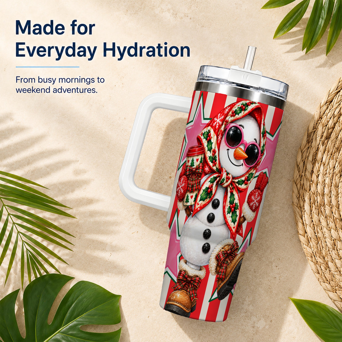 Cute Snowman 40oz Tumbler with Handle, Retro Christmas Design