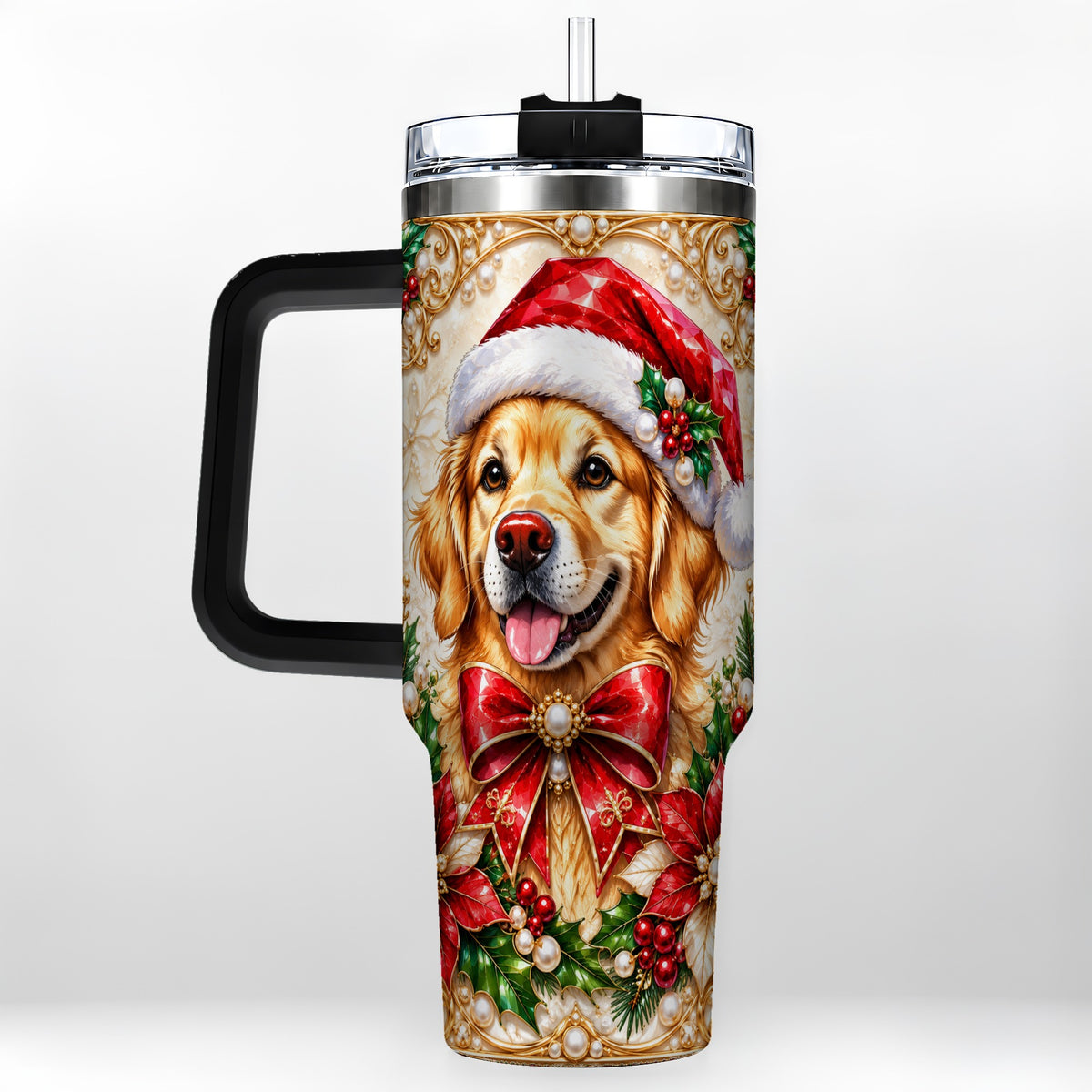 #pl[40oz|Black] Christmas Golden Retriever 40oz Tumbler with Handle, Festive Dog Art