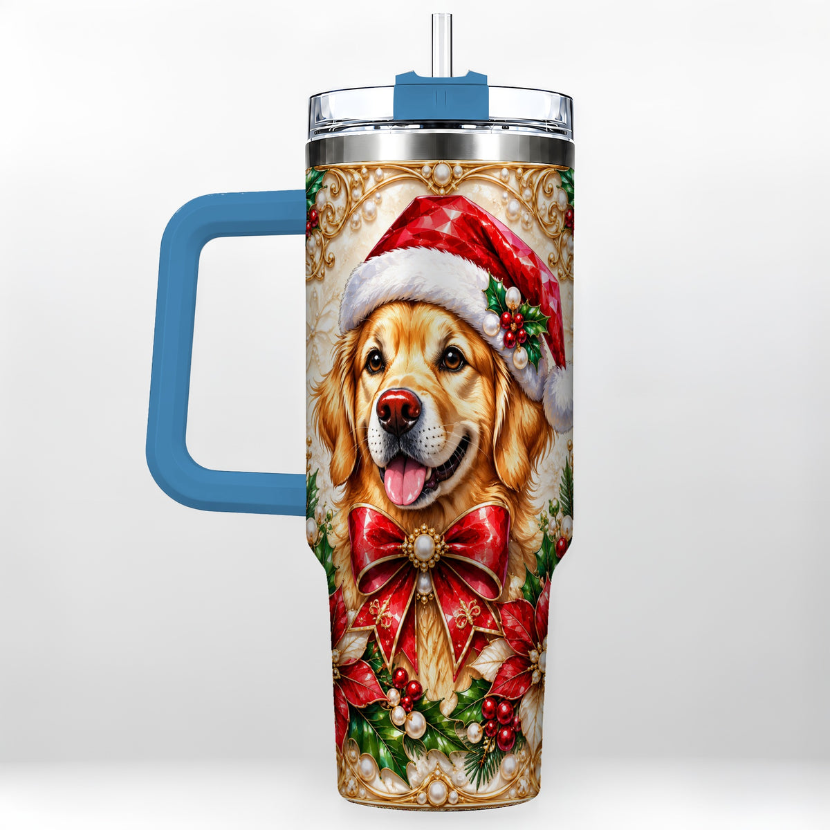 #pl[40oz|Blue] Christmas Golden Retriever 40oz Tumbler with Handle, Festive Dog Art