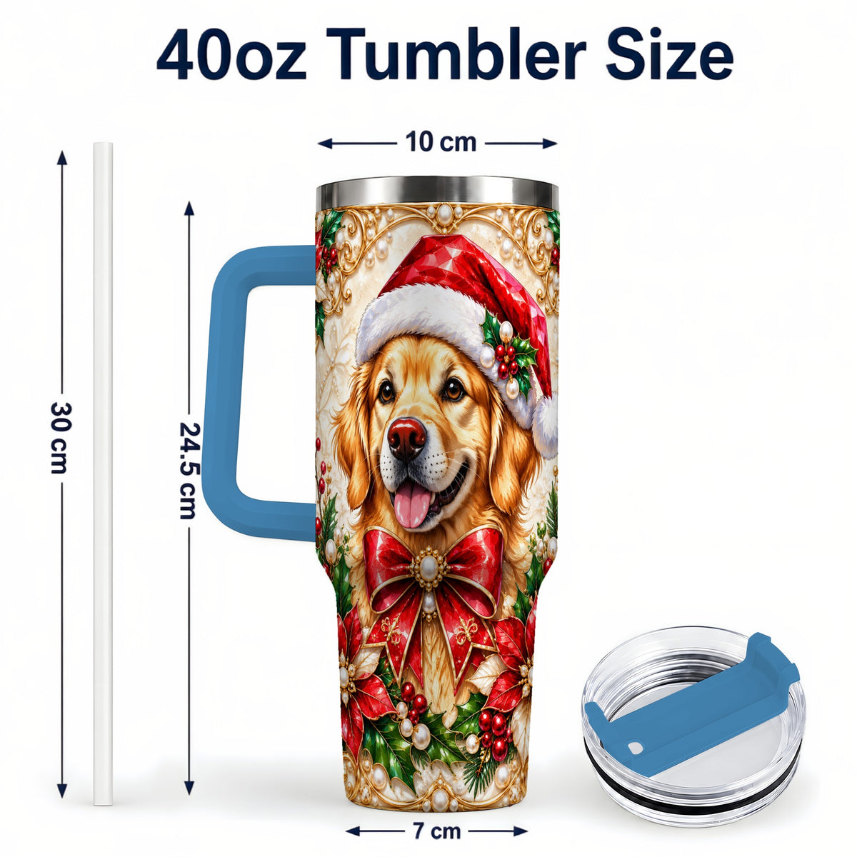 #pl[40oz|Blue] Christmas Golden Retriever 40oz Tumbler with Handle, Festive Dog Art