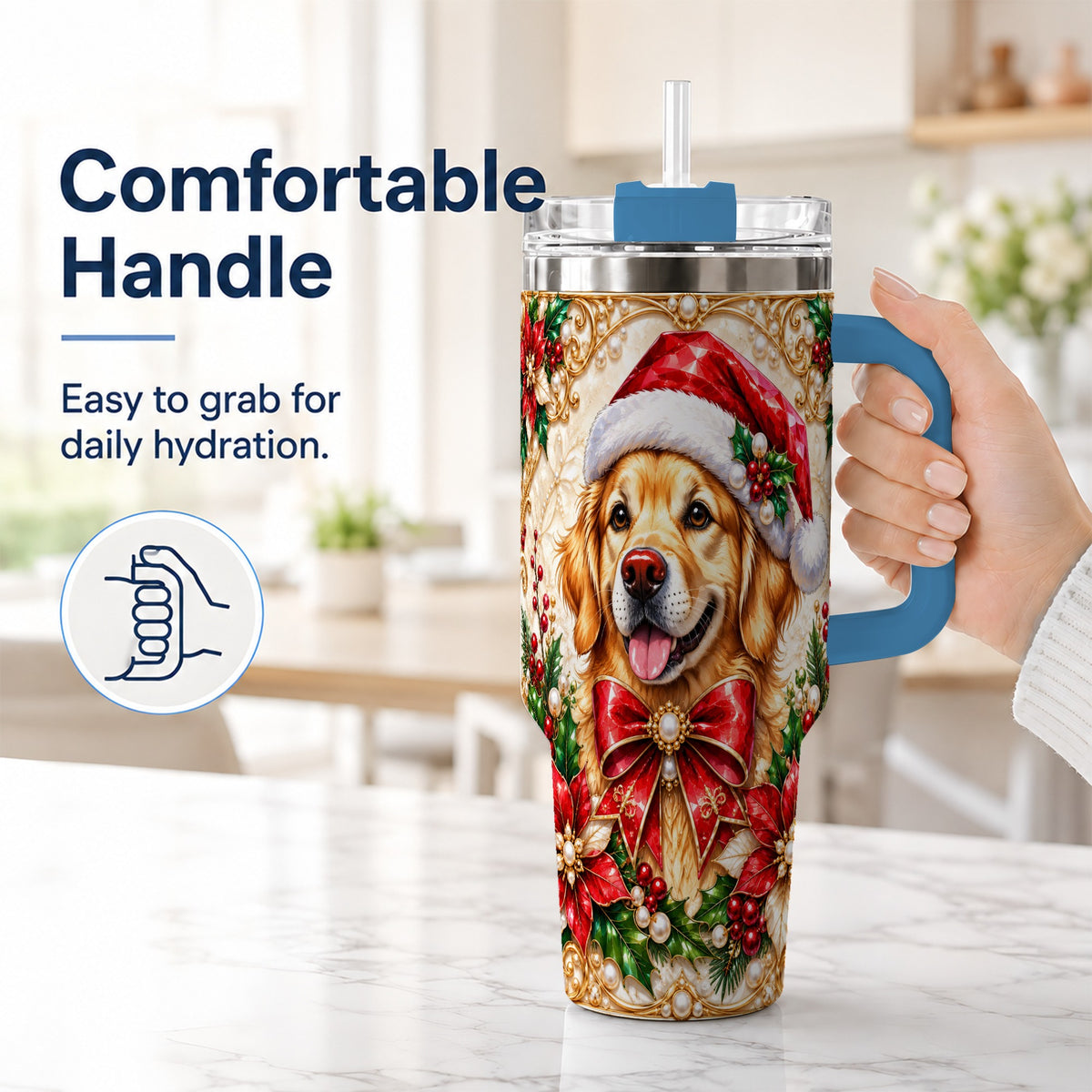 #pl[40oz|Blue] Christmas Golden Retriever 40oz Tumbler with Handle, Festive Dog Art