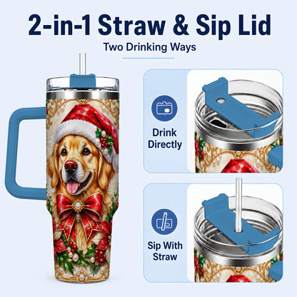 #pl[40oz|Blue] Christmas Golden Retriever 40oz Tumbler with Handle, Festive Dog Art