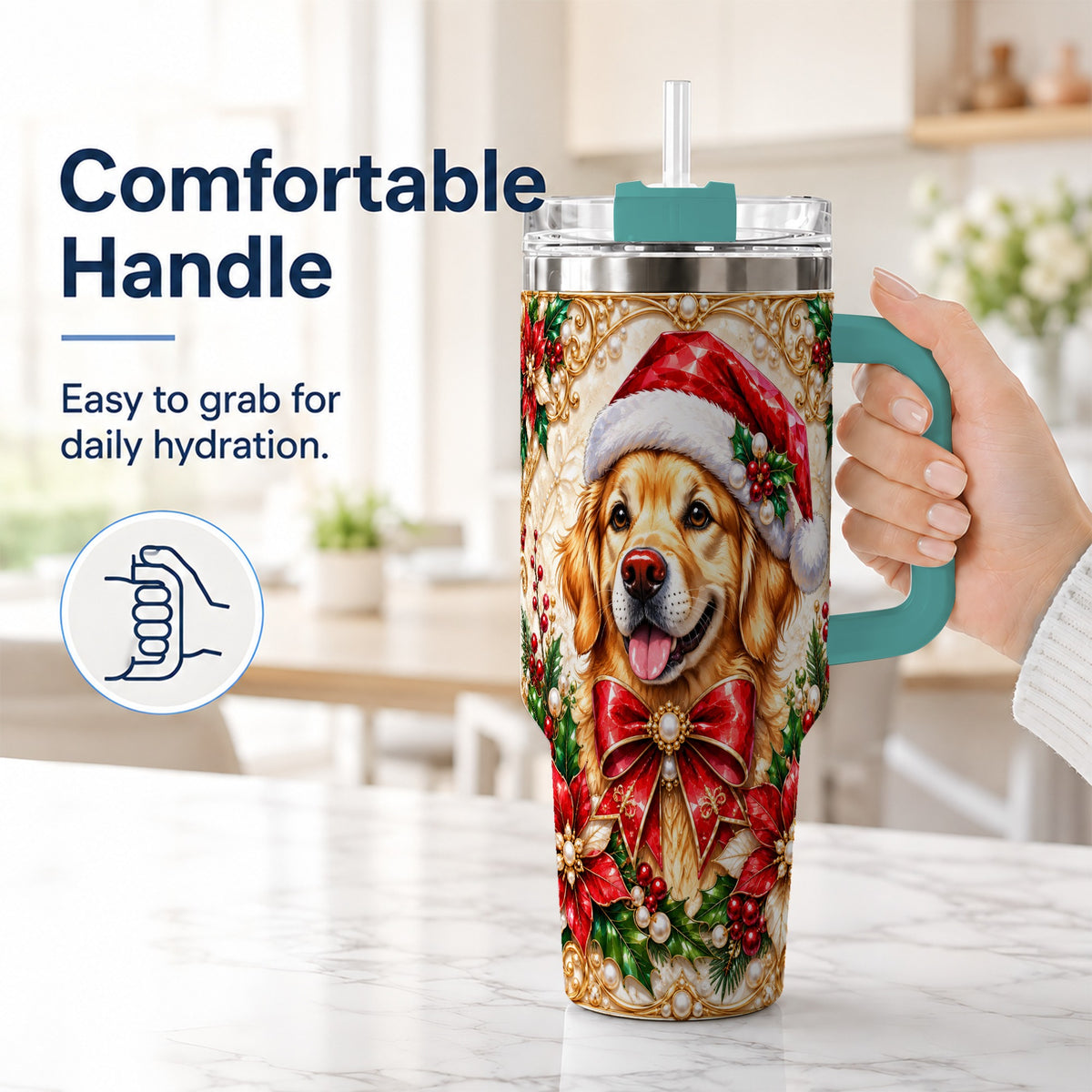 #pl[40oz|Green] Christmas Golden Retriever 40oz Tumbler with Handle, Festive Dog Art