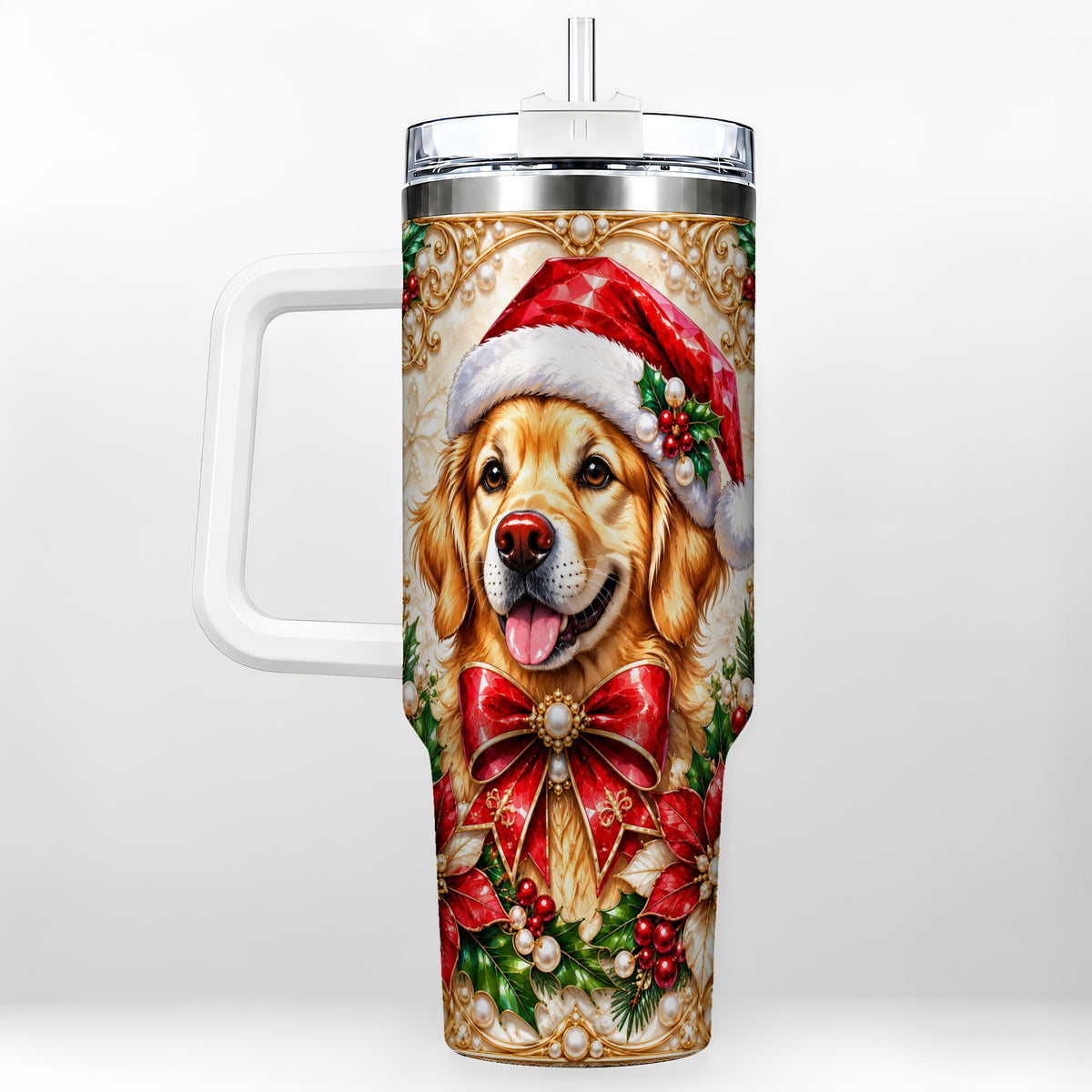 Christmas Golden Retriever 40oz Tumbler with Handle, Festive Dog Art