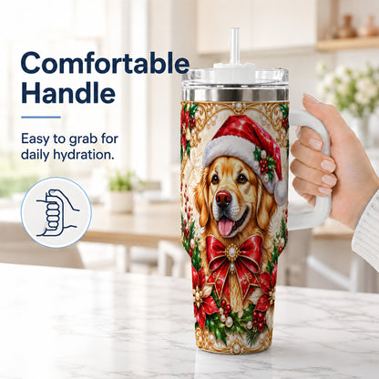#pl[40oz|White] Christmas Golden Retriever 40oz Tumbler with Handle, Festive Dog Art