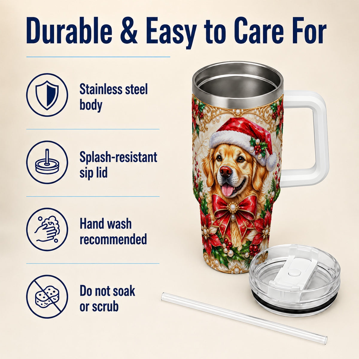 Christmas Golden Retriever 40oz Tumbler with Handle, Festive Dog Art