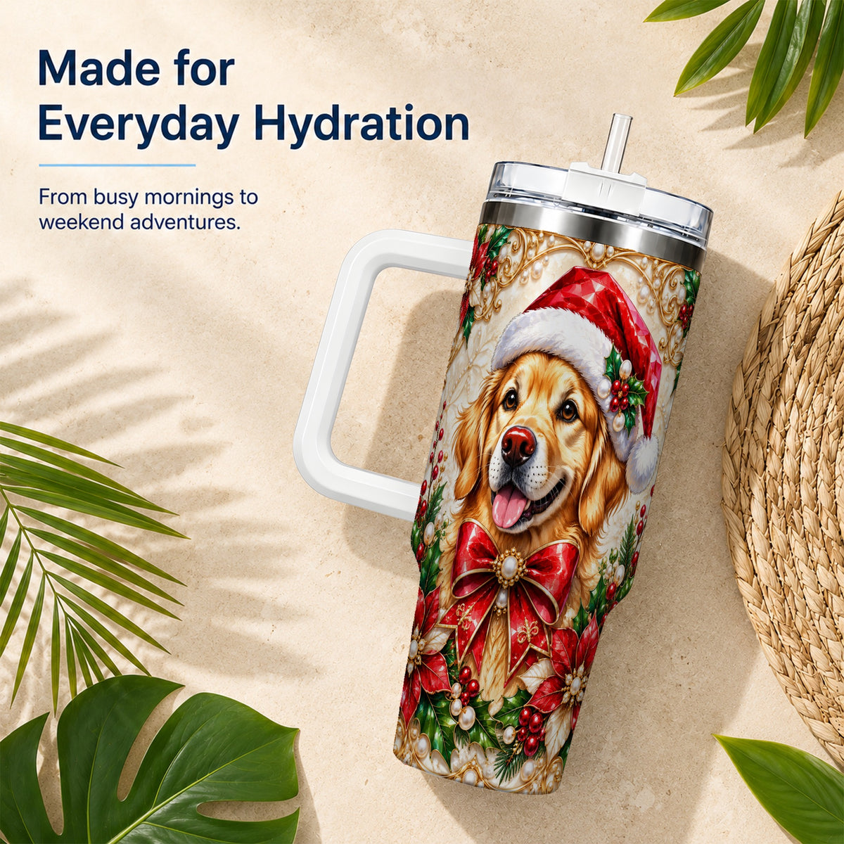 Christmas Golden Retriever 40oz Tumbler with Handle, Festive Dog Art