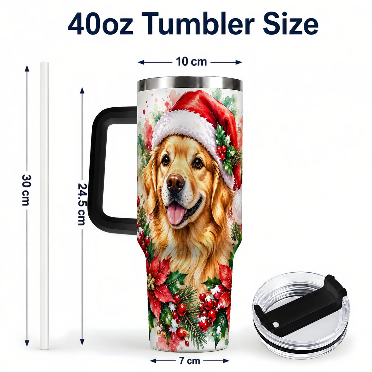 #pl[40oz|Black] Watercolor Golden Retriever 40oz Tumbler with Handle, Christmas Dog Art