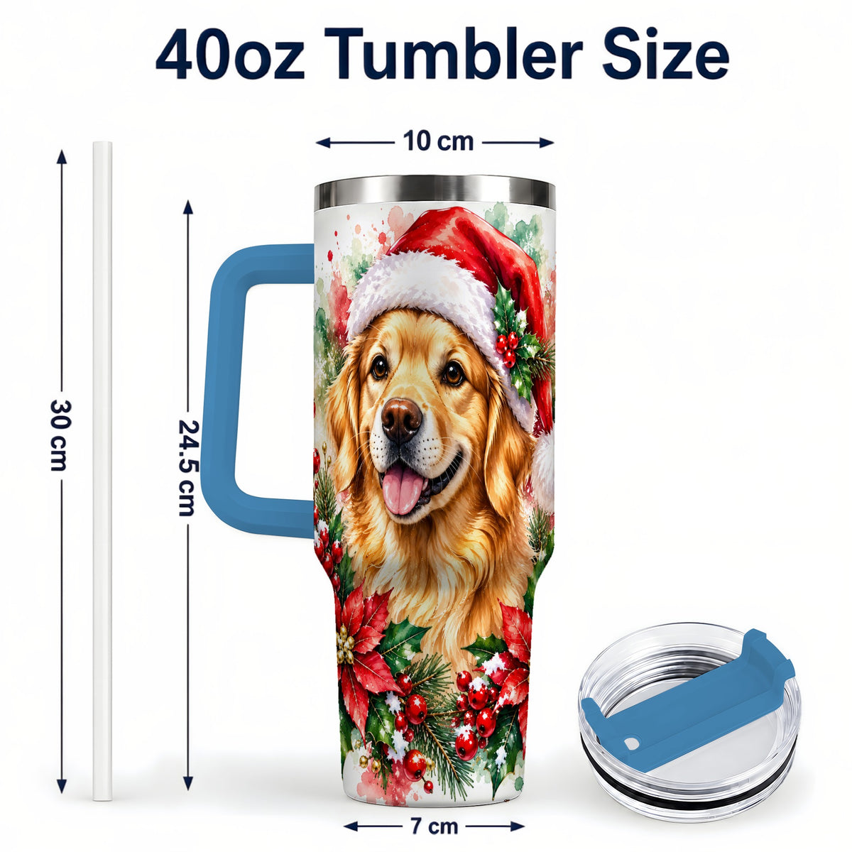 #pl[40oz|Blue] Watercolor Golden Retriever 40oz Tumbler with Handle, Christmas Dog Art