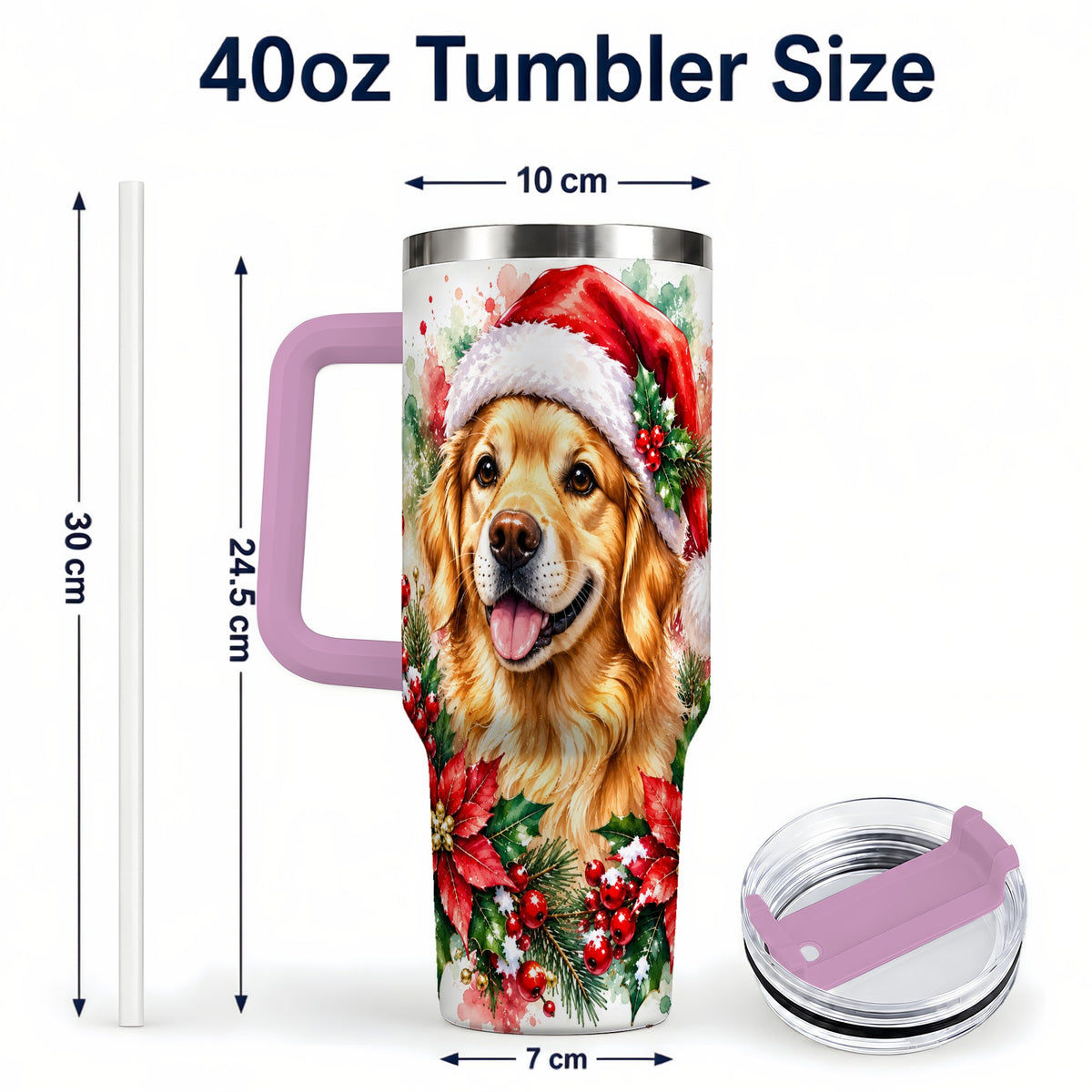 #pl[40oz|Pink] Watercolor Golden Retriever 40oz Tumbler with Handle, Christmas Dog Art