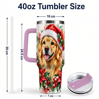 #pl[40oz|Pink] Watercolor Golden Retriever 40oz Tumbler with Handle, Christmas Dog Art