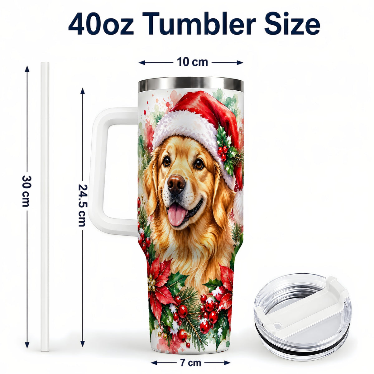 #pl[40oz|White] Watercolor Golden Retriever 40oz Tumbler with Handle, Christmas Dog Art
