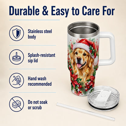Watercolor Golden Retriever 40oz Tumbler with Handle, Christmas Dog Art