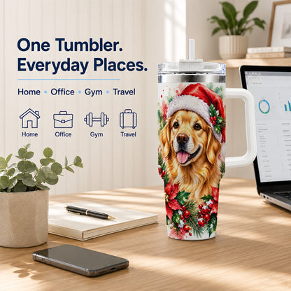 Watercolor Golden Retriever 40oz Tumbler with Handle, Christmas Dog Art