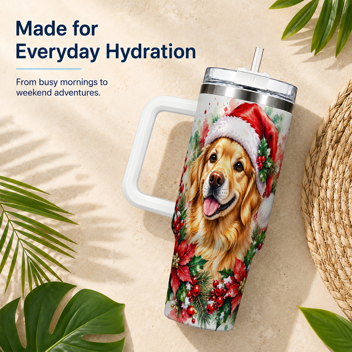 Watercolor Golden Retriever 40oz Tumbler with Handle, Christmas Dog Art