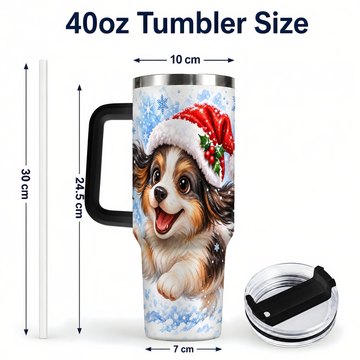 #pl[40oz|Black] Christmas Tricolor Puppy 40oz Tumbler with Handle, Blue Snowflake Art