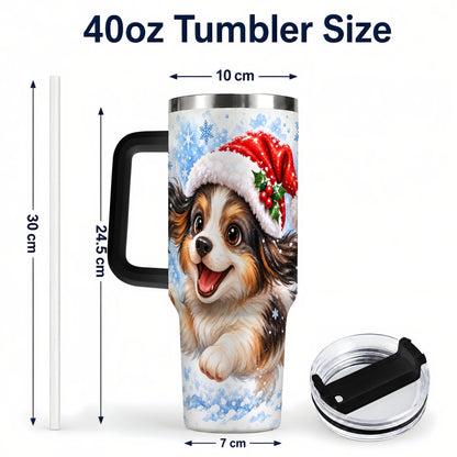 #pl[40oz|Black] Christmas Tricolor Puppy 40oz Tumbler with Handle, Blue Snowflake Art