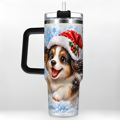#pl[40oz|Black] Christmas Tricolor Puppy 40oz Tumbler with Handle, Blue Snowflake Art