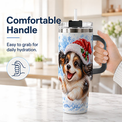 #pl[40oz|Black] Christmas Tricolor Puppy 40oz Tumbler with Handle, Blue Snowflake Art
