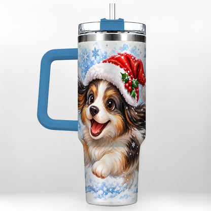 #pl[40oz|Blue] Christmas Tricolor Puppy 40oz Tumbler with Handle, Blue Snowflake Art