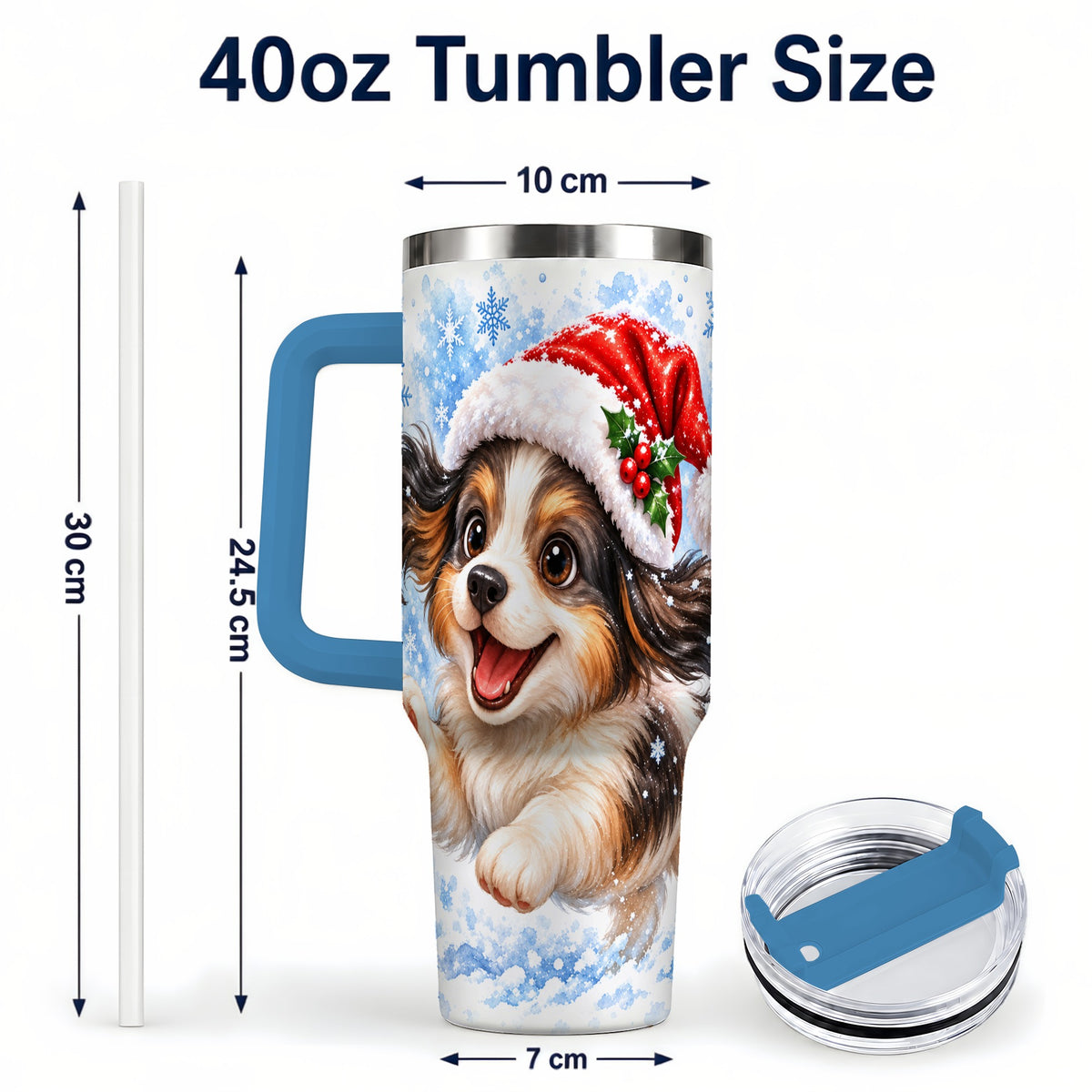#pl[40oz|Blue] Christmas Tricolor Puppy 40oz Tumbler with Handle, Blue Snowflake Art