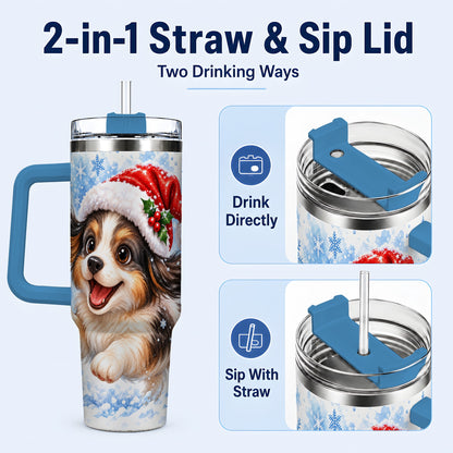 #pl[40oz|Blue] Christmas Tricolor Puppy 40oz Tumbler with Handle, Blue Snowflake Art