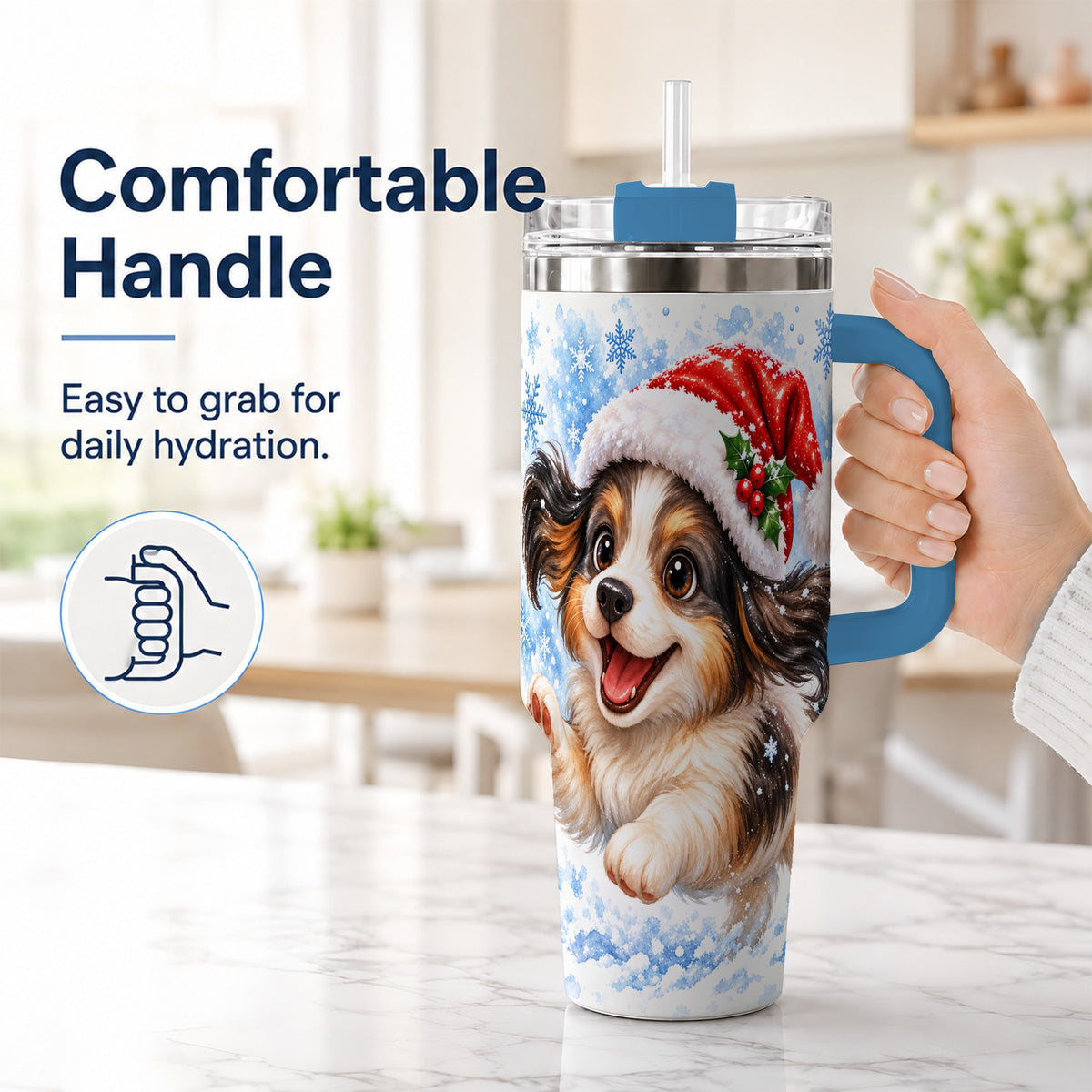 #pl[40oz|Blue] Christmas Tricolor Puppy 40oz Tumbler with Handle, Blue Snowflake Art