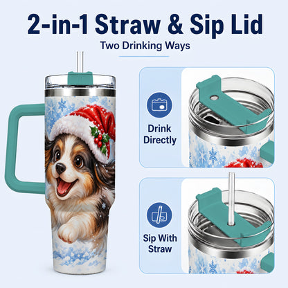 #pl[40oz|Green] Christmas Tricolor Puppy 40oz Tumbler with Handle, Blue Snowflake Art