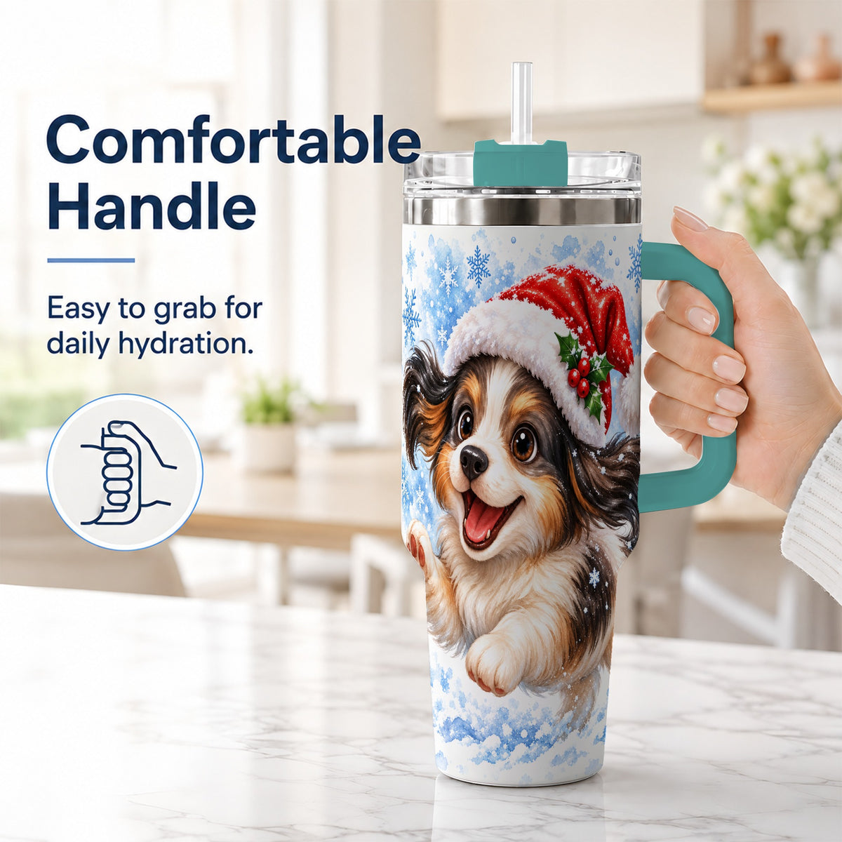 #pl[40oz|Green] Christmas Tricolor Puppy 40oz Tumbler with Handle, Blue Snowflake Art