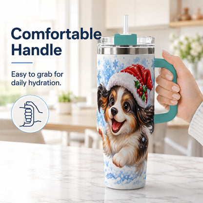 #pl[40oz|Green] Christmas Tricolor Puppy 40oz Tumbler with Handle, Blue Snowflake Art