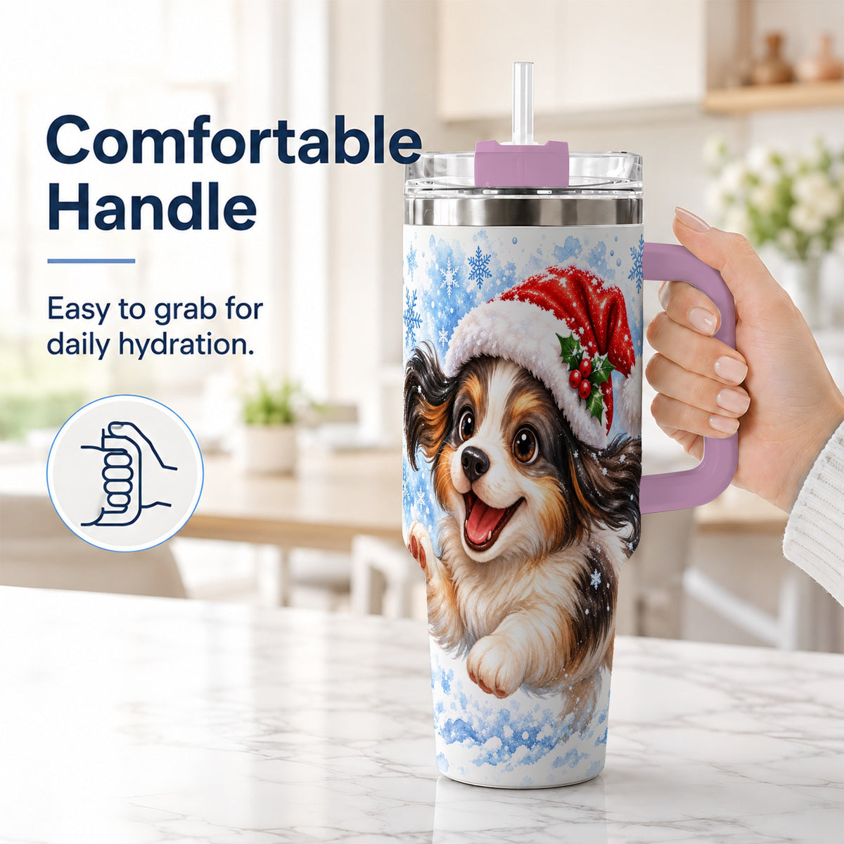#pl[40oz|Pink] Christmas Tricolor Puppy 40oz Tumbler with Handle, Blue Snowflake Art