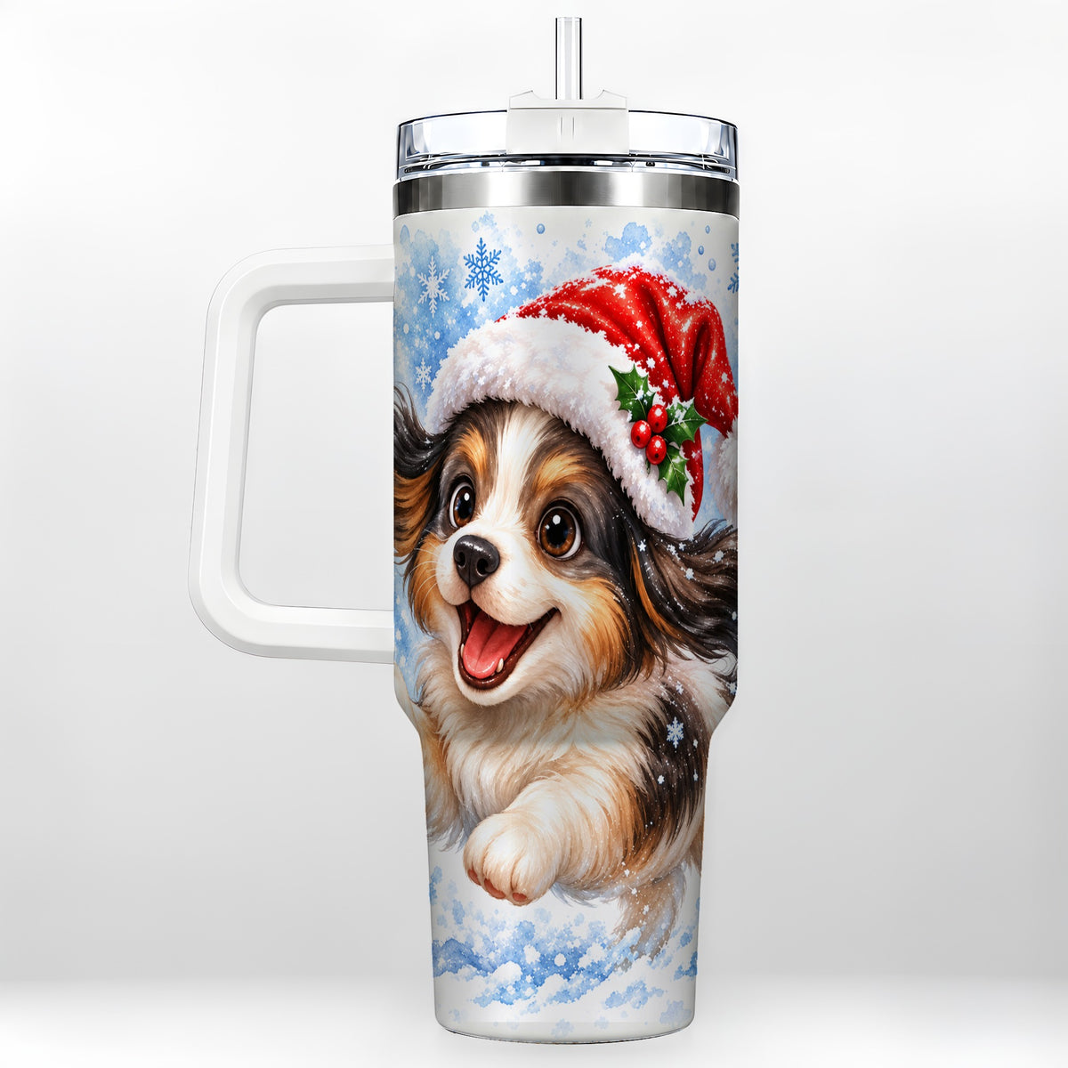 Christmas Tricolor Puppy 40oz Tumbler with Handle, Blue Snowflake Art