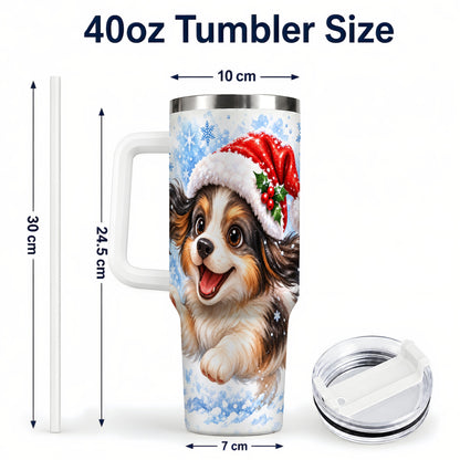 #pl[40oz|White] Christmas Tricolor Puppy 40oz Tumbler with Handle, Blue Snowflake Art