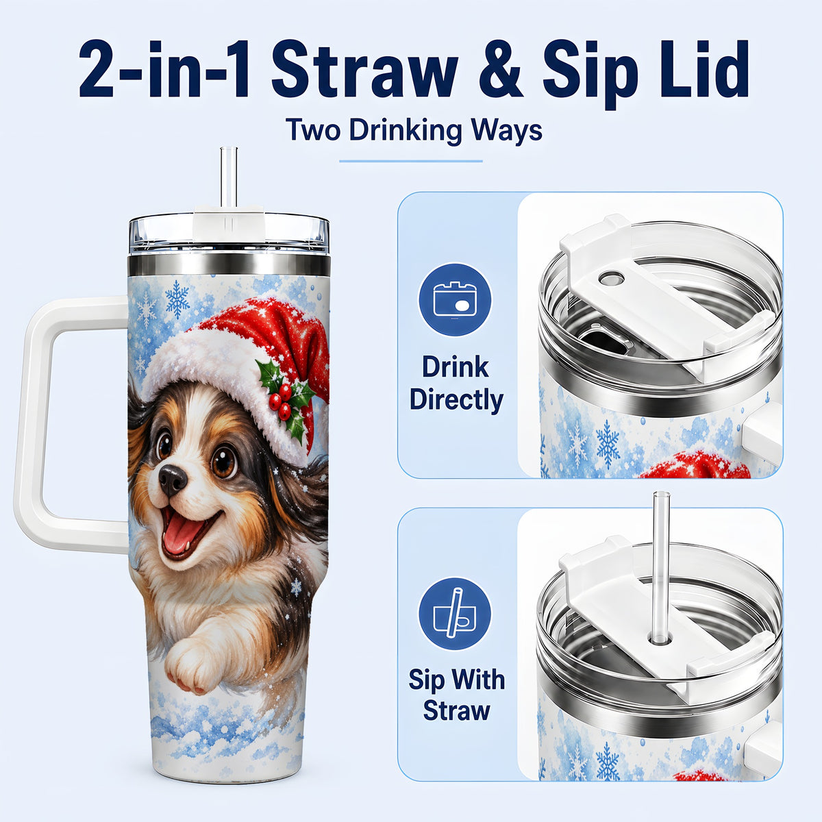 #pl[40oz|White] Christmas Tricolor Puppy 40oz Tumbler with Handle, Blue Snowflake Art