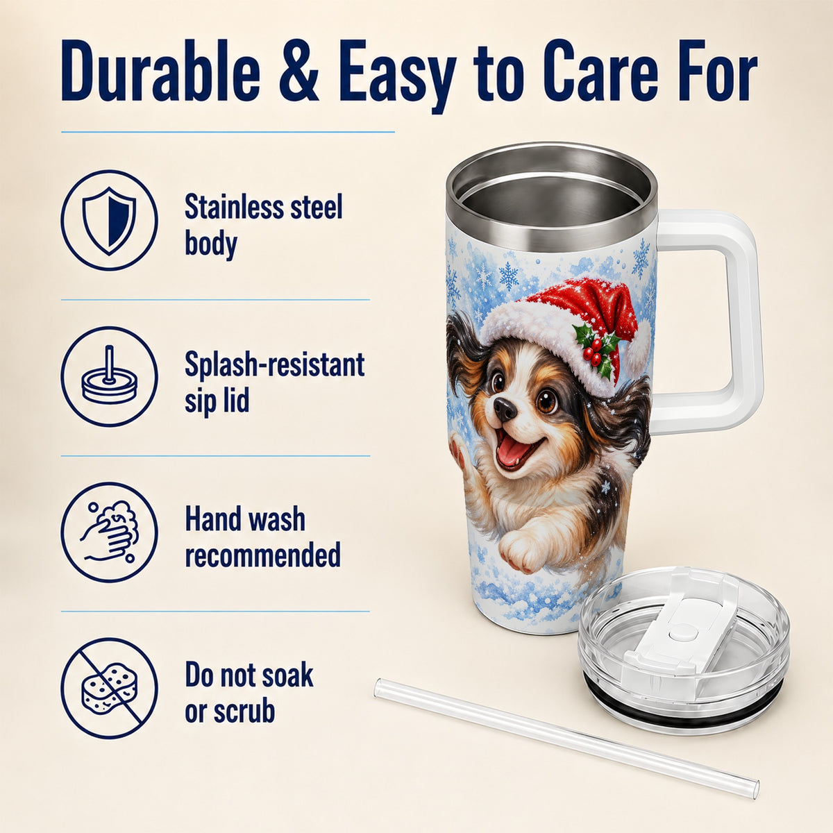 Christmas Tricolor Puppy 40oz Tumbler with Handle, Blue Snowflake Art
