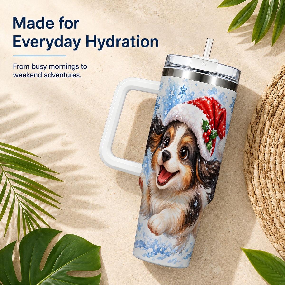 Christmas Tricolor Puppy 40oz Tumbler with Handle, Blue Snowflake Art