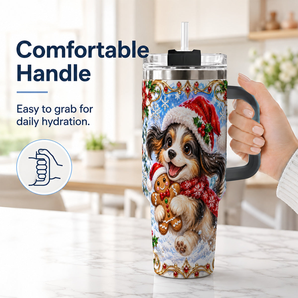 #pl[40oz|Black] Christmas Gingerbread Puppy 40oz Tumbler with Handle, Santa Dog Art