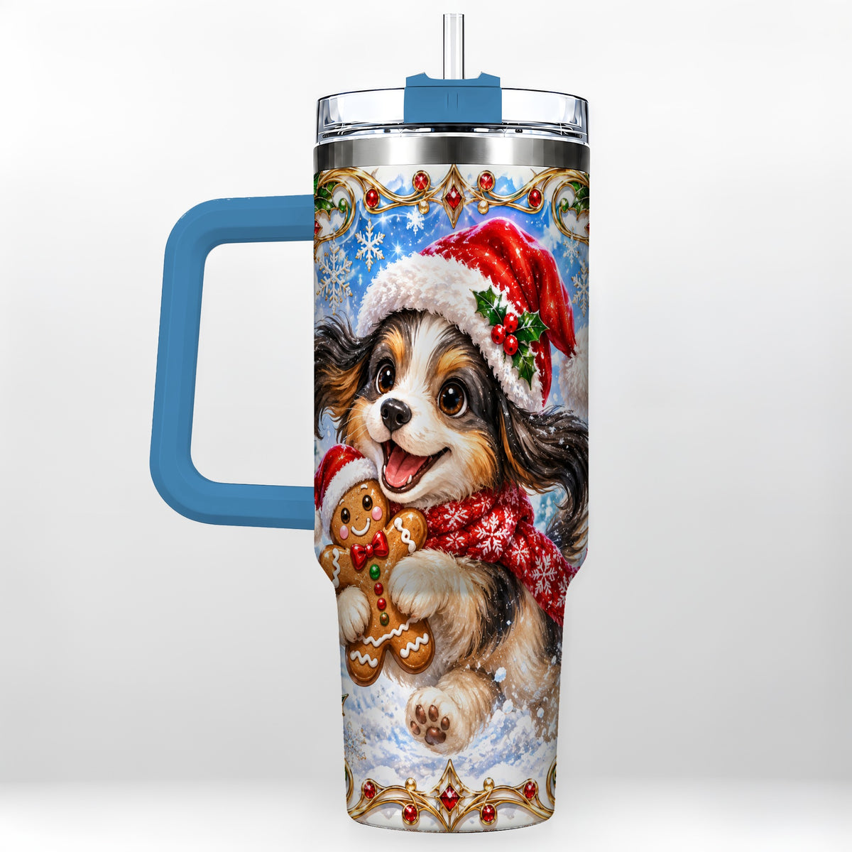 #pl[40oz|Blue] Christmas Gingerbread Puppy 40oz Tumbler with Handle, Santa Dog Art
