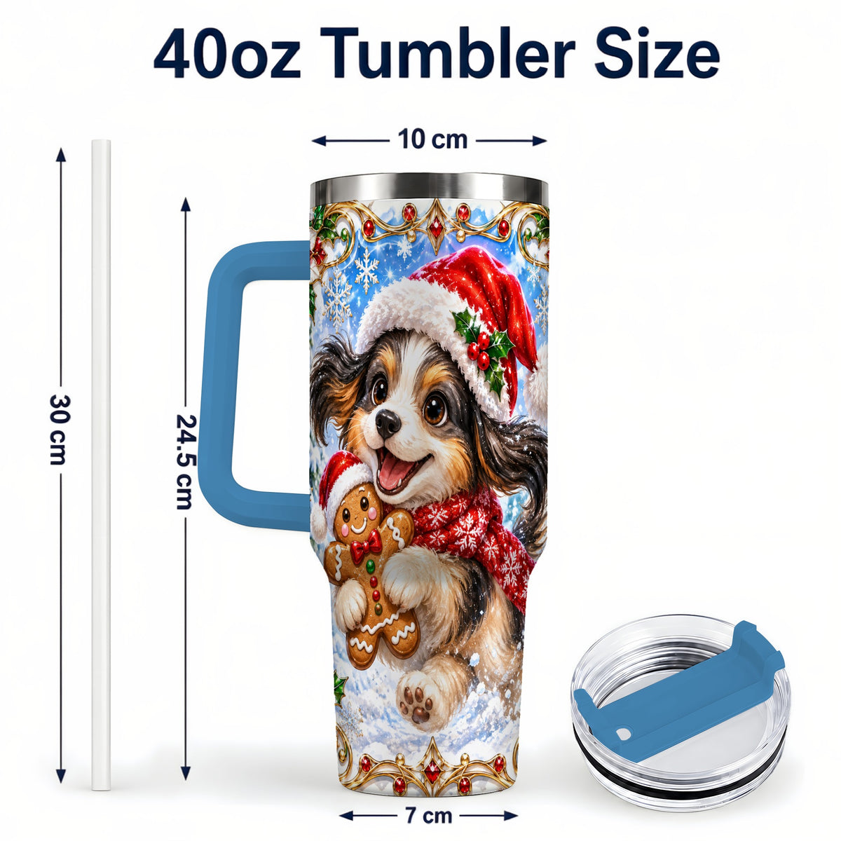 #pl[40oz|Blue] Christmas Gingerbread Puppy 40oz Tumbler with Handle, Santa Dog Art