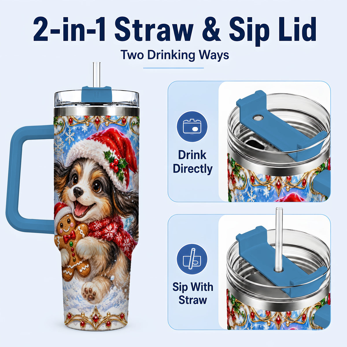 #pl[40oz|Blue] Christmas Gingerbread Puppy 40oz Tumbler with Handle, Santa Dog Art